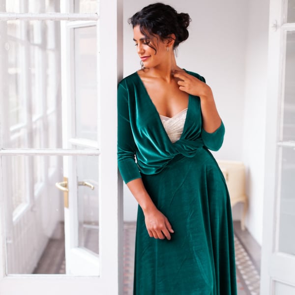 Robe de demoiselle d’honneur en velours à manches longues vert foncé ou robe d’occasion