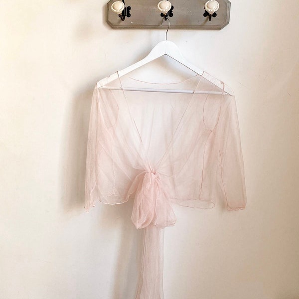 Rose Quartz Silky Tulle bridal wrap top with three quarter sleeve, see through wedding top in soft pink tulle, cover up