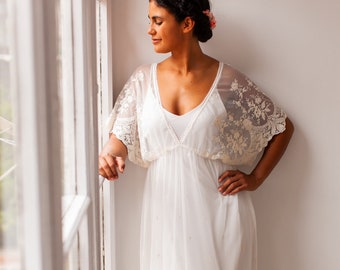 Country wedding dress in embroidered scalloped tulle with butterfly sleeves