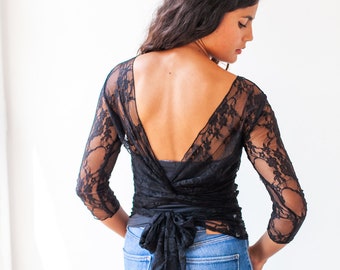 Black Sheer Lace Long Sleeve Top