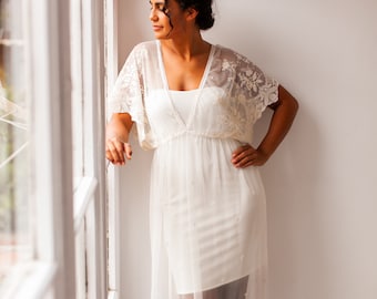 Romantic hippie removable embroidered tulle overlay wedding gown with slip dress