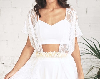 Romantic Wedding Dress Ensemble - Vintage Lace Overdress with Bridal Pant and Top Heart Design