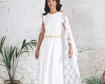 Elegant Wedding Dress with Lace Cape, Vintage Inspired Boho Bridal Gown