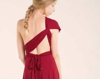 Short dark red dress, dark red infinity dress, red party dress, short prom dress, short occasion dress, short convertible dress