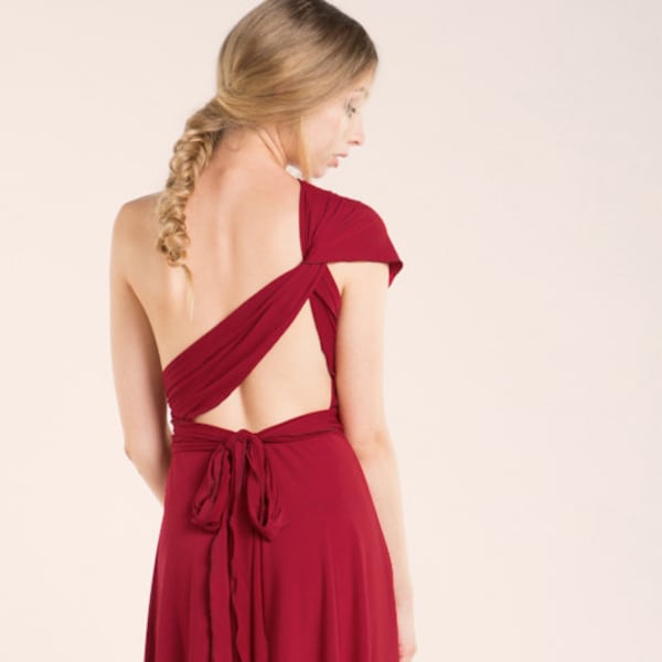 Kurzes dunkelrotes Kleid, rotes Infinity Kleid, rotes Partykleid, kurzes Abschlussballkleid, kurzes Anlasskleid, kurzes Kleid