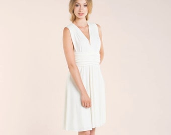 Weißes Empfangskleid, kurzes weißes Wickelkleid, Hochzeitskleider, Mediterraner Stil Kleider, elegantes Kleid, weißes Abschlussball Wickelkleid