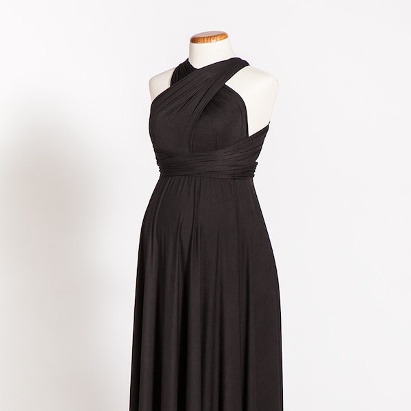 Elegant long black baby shower maternity infinity dress in soft satin jersey