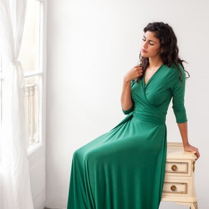 Mother of the bride dress, long green wrap dress,  long multi way dress with sleeve, dark green long sleeve dress, long green evening dress