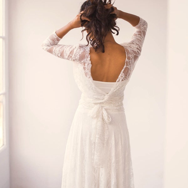 Backless long sleeve wedding dress with ivory floral lace for bohemian bride Lace wedding dress with sleeves Lace wedding dress low cut back