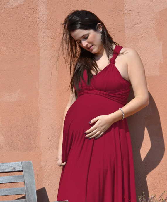 Maternity Dresses for Photo Shoot for Baby Shower Pregnancy Red Mercerized  Cotton Long Sleeve V-neck
