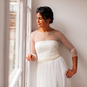 Sheer tulle minimalist wedding top with sleeves for cover up