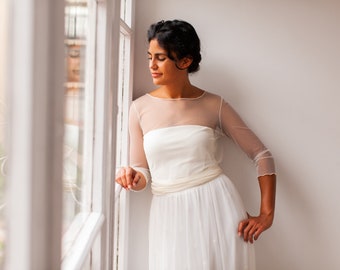 Sheer tulle minimalist wedding top with sleeves for cover up