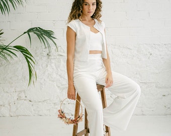 White minimalist bridal set with sequin sleeveless top and palazzo pants, sexy reception dress, white prom alternative wedding separates