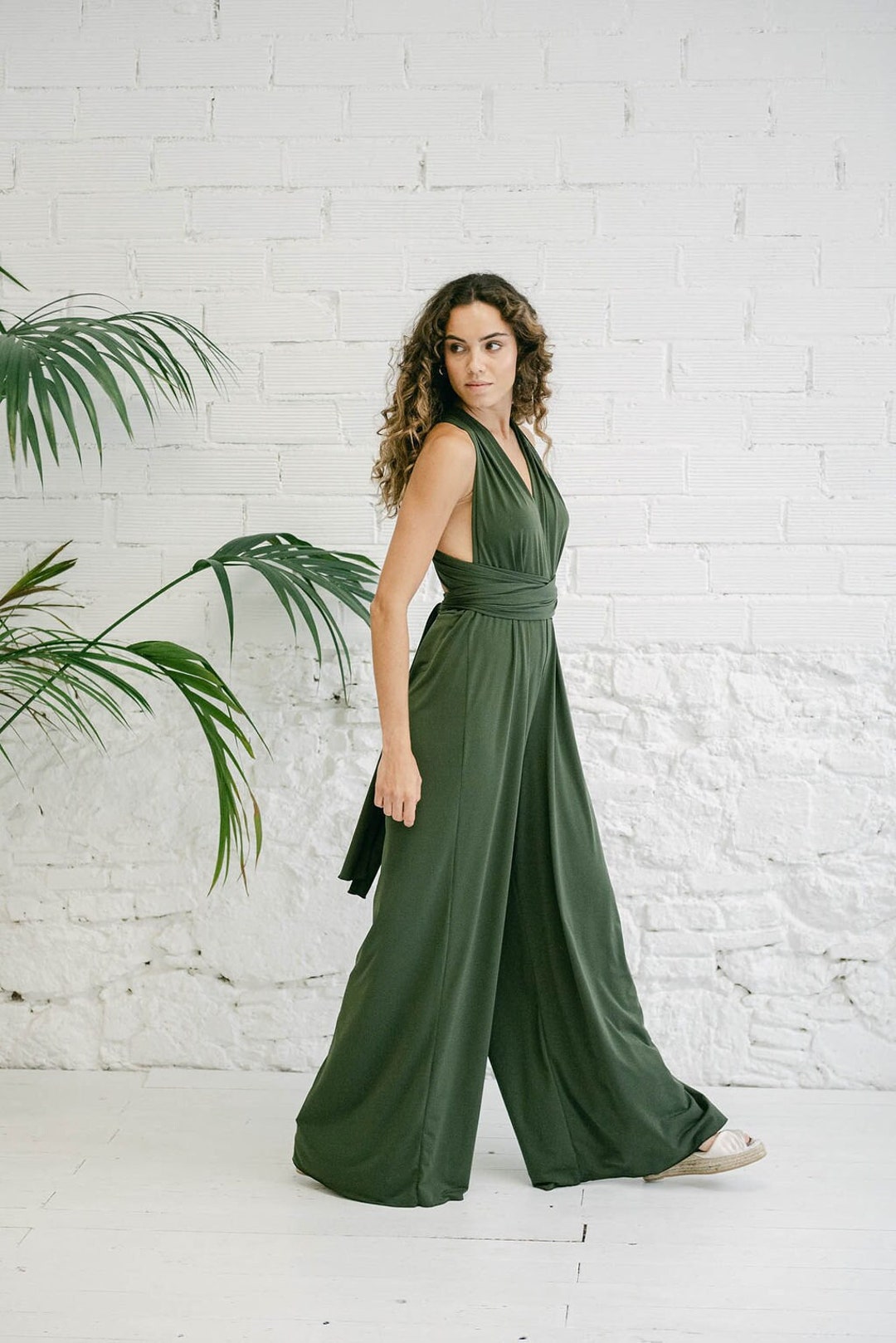 Elegant Palazzo Jumpsuit for Bridesmaids, Olive Green Convertible