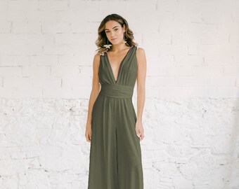 Moosgrüner Unendlichkeits-Jumpsuit für Brautjungfern, Unendlichkeitshose für den Abend, Hochzeitsoverall, leichte khaki grüne Hose