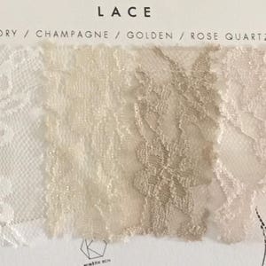 Bridal sample card. It has 4 fabrics: ivory, champagne, golden and rose quartz. The lace can be choosen for the bridal gown
