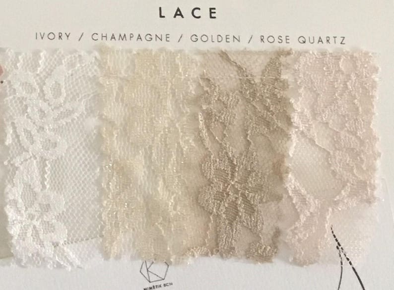 Bridal sample card. It has 4 fabrics: ivory, champagne, golden and rose quartz. The lace can be choosen for the bridal gown