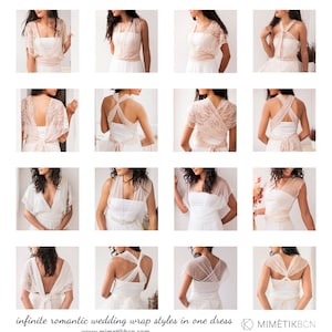 Photo collage on how to wear a convertible dress for bride. It shows both front and back to easily imagine how to wear it.