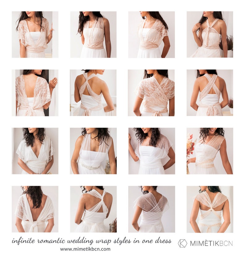 Photo collage on how to wear a convertible dress for bride. It shows both front and back to easily imagine how to wear it.