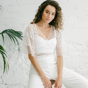 Boho wedding dress with floral tulle top and straight pants,two pieces set for bride, ivory wedding suits