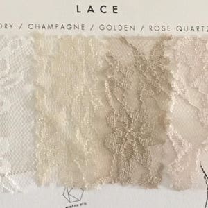 Bridal sample of the laces we have: ivory, champagne, golden, rose quartz