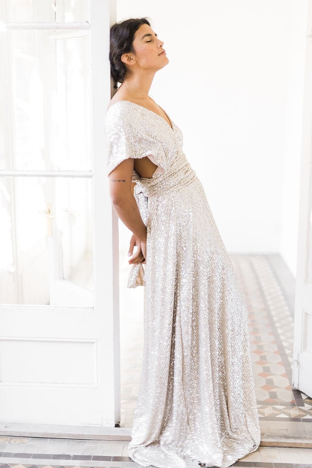 Silver Sequin Wedding Dress, Convertible Boho Bridal Gown