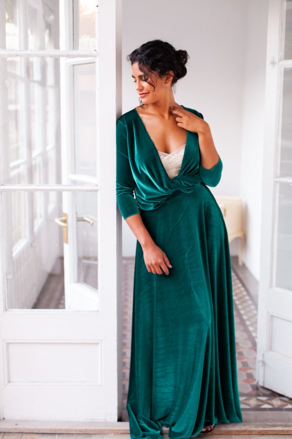 Vestido Cruzado Largo De Terciopelo Verde Esmeralda Con Manga Frida Velvet Vestido Cruzado Largo De Terciopelo Verde Esmeralda Con Manga Frida Velvet