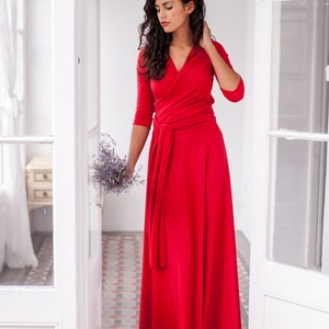 Long red dress, long wrap dress, red 3/4 sleeve gown, red long sleeve maxi dress, convertible wrap dress, red long dress, red evening dress image 1