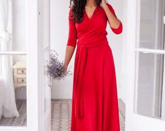 Langes rotes Kleid, langes Wickelkleid, rotes 3/4-Arm-Kleid, rotes Maxikleid, wandelbares Wickelkleid, rotes langes Kleid, rotes Abendkleid