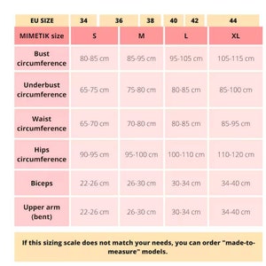 May include: A size chart for clothing in centimeters. The chart shows the measurements for bust, underbust, waist, hips, biceps, and upper arm for sizes 34 to 44.