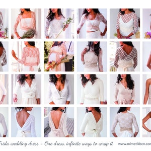 May include: A collage of images showcasing the Frida wedding dress, a versatile garment styled in multiple ways with various wraps, lace overlays, and sleeve lengths, featuring the text Frida wedding dress - One dress, infinite ways to wrap it.