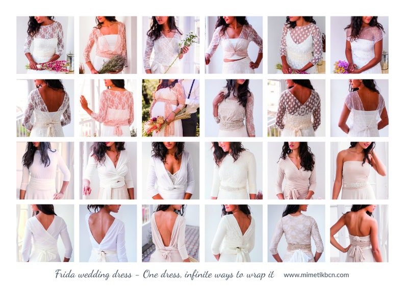 Collage on how to wear a convertible wedding dress. This card is perfect to get ideas on how to style the wrap dress for bride. It's added on the package when placing the order