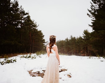 Boho wedding dress, fall wedding gown, rustic lace bridal gown, golden lace wedding dress, winter bride, boho bridal gown, rustic wedding