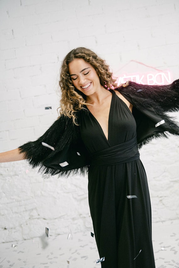 Black Boho Maxi Jumpsuit With Convertible Infinity Style, Elegant