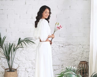 Elegant Weeding Dress Set with Bridal Pants, Heart Top, and Bridal Jacket - Handmade Luxe Wedding Attire