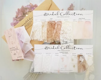 Bridal collection color samples for lace and tulle wedding dress, fabric swatches for custom made wedding dresses