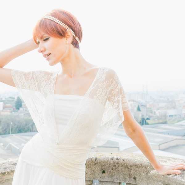 Long romantic ivory lace wedding dress