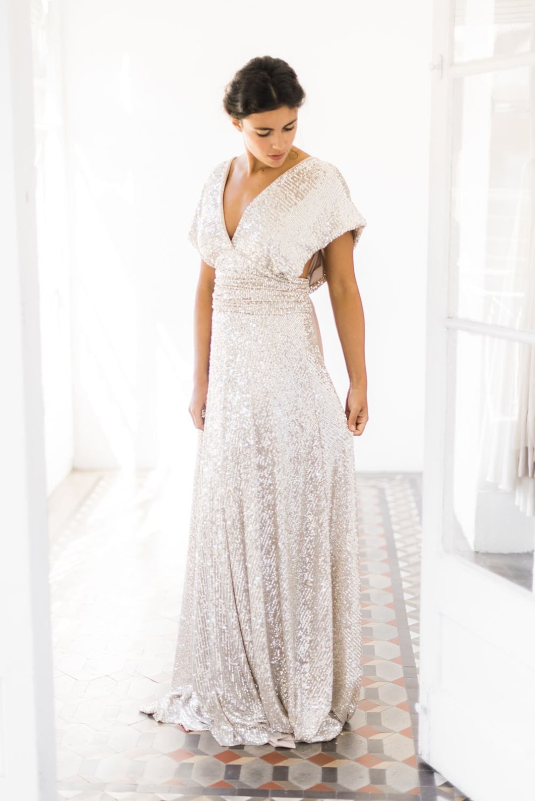 Shimmer Wedding Dress, Silver Sequin Bridal Gown, Boho Wedding Dress ...