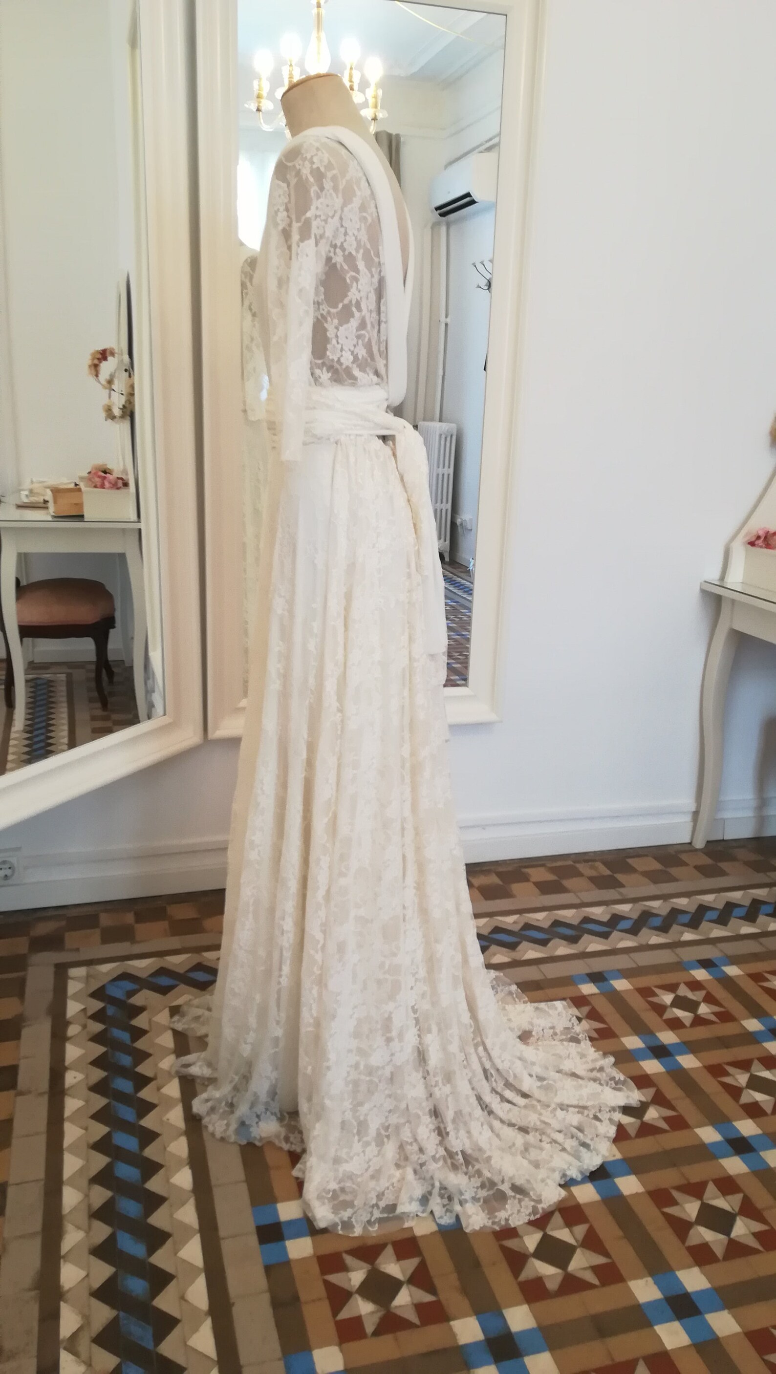 Lace Plunging Neck Detachable Panel Train Wedding Dress