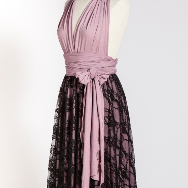 Delicate black lace, mauve infinity dress black lace, feminine dress mauve, black lace infinity dress, elegant delicate lace short dress