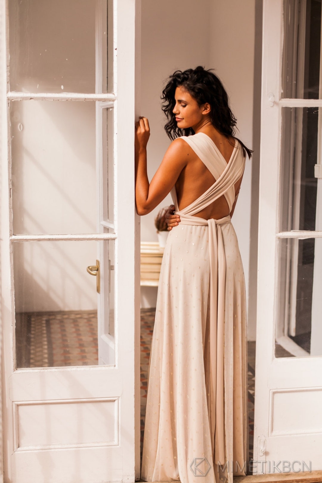 Vestido de noiva champanhe com bolinhas douradas, vestido de noiva