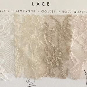 Sample for brides to choose from for her wedding dress. This cards shows fours different fabrics: ivory lace, champagne lace, golden lace and rose quartz lace