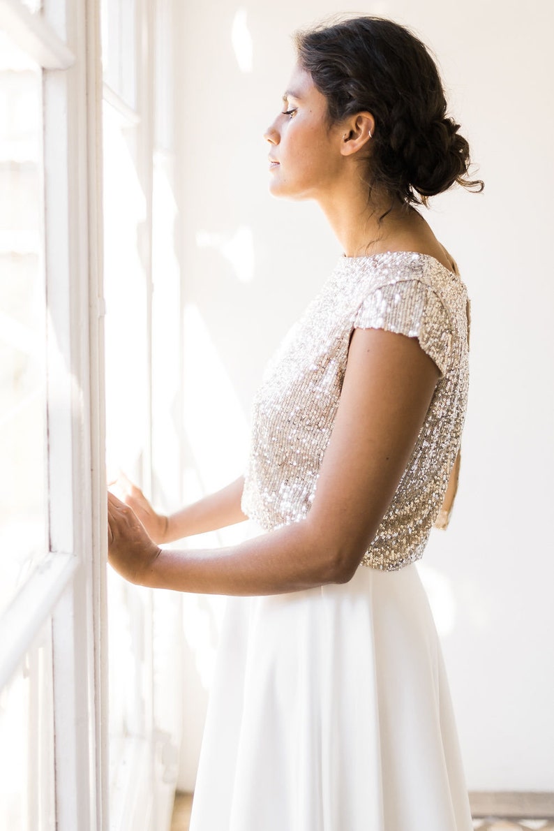 Wedding dress topper sequin, silver sequin bridal top, all sequin crop top for separates wedding dress, shinny glam bridal crop top image 2