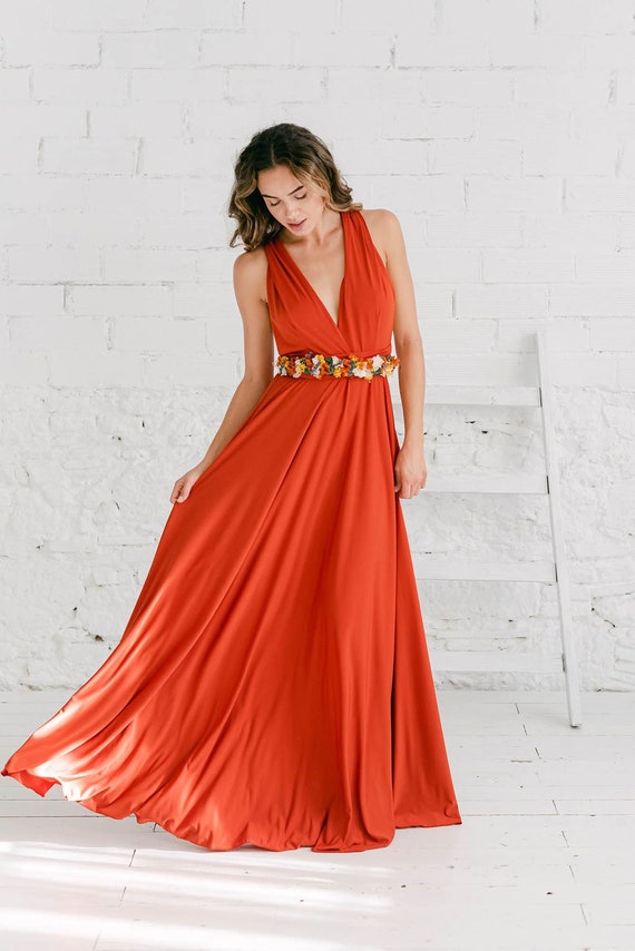 Rust Infinity Dress, Long Burnt Orange Bridesmaid Dress, Terracota