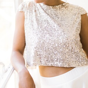 Wedding dress topper sequin, silver sequin bridal top, all sequin crop top for separates wedding dress, shinny glam bridal crop top image 3