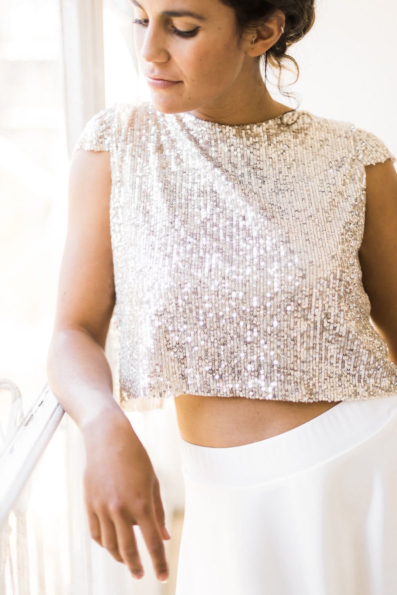 Wedding dress topper sequin, silver sequin bridal top, all sequin crop top for separates wedding dress, shinny glam bridal crop top image 3