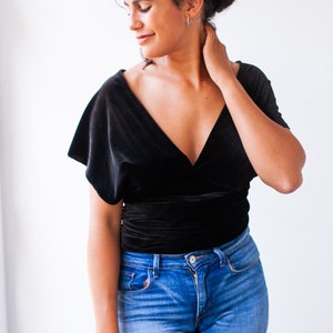 Black velvet top V-neck top Convertible wrap top Plunging party top Minimalist clothing Infinity top New Years eve dress