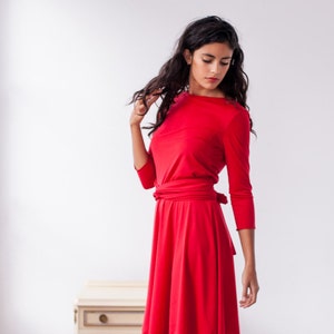 Long red dress, long wrap dress, red 3/4 sleeve gown, red long sleeve maxi dress, convertible wrap dress, red long dress, red evening dress image 3