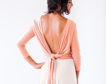 Self tie blouse, Bridemaids bolero, Peach top with sleeves, Sleeved formal top, Salmon top, Blush pink wrap top, Tangerine top open back