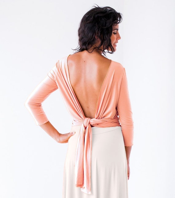Self Tie Blouse, Bridemaids Bolero, Peach Top With Sleeves, Sleeved Formal  Top, Salmon Top, Blush Pink Wrap Top, Tangerine Top Open Back 